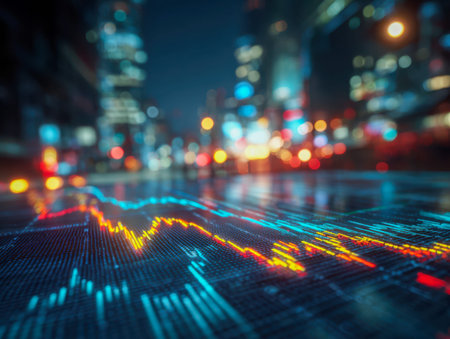 Vibrant, dynamic lines swirl across a high-tech screen, illustrating market movements amid a...