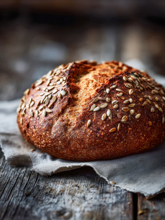 A hearty, handmade loaf with a golden, textured crust sprinkled with mixed seeds, displayed on soft fabric against aged timber for a cozy, rustic vibe.の写真素材