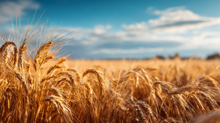 Imagine a vast, sunlit expanse of mature wheat gently undulating in the breeze, set against a vivid cerulean sky dotted with fluffy clouds, embodying nature's bountyの写真素材
