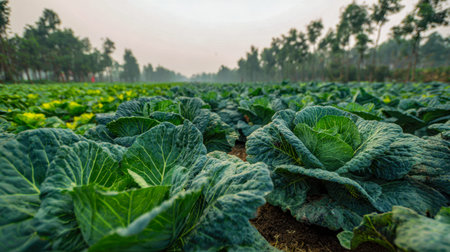 Bright morning rays illuminate a sprawling canopy of vibrant green cabbages, with orderly rows...