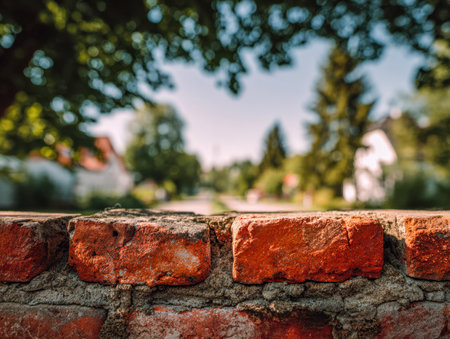 A vivid, detailed brick surface draws attention amid a softly blurred backdrop of leafy trees and cozy homes beneath a bright sky, evoking warmth and community charmの写真素材