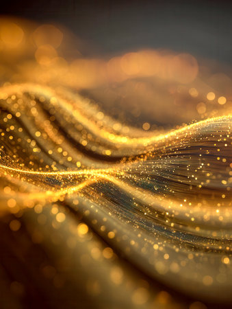 Radiant amber currents ripple across the scene, intertwined with delicate luminous specks that evoke a sense of motion, grace, and vibrant sophistication.の写真素材