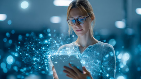 A youthful woman with glasses interacts with a sleek tablet displaying luminous, intricate network patterns, immersed in a high-tech setting that sparks innovation.の写真素材