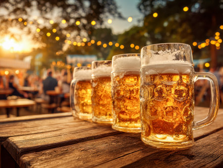 Clinking glasses of rich, frothy brew catch the warm glow of sunset, adding lively charm to an outdoor celebration illuminated by twinkling string lights.の写真素材