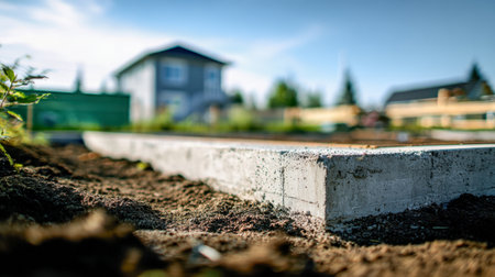 A vibrant suburban scene showing a new construction site where a smooth concrete base is setting, surrounded by lush greenery and existing homes under a clear blue sの写真素材