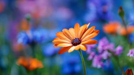 A lively orange daisy blossoms vividly against a blurred, multicolored garden backdrop, evoking the freshness and joy of springtime in a peaceful, cheerful setting.の写真素材