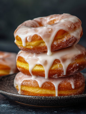 A tempting pile of warm, honey-colored donuts glazed with glossy white icing that melts and oozes down the sides, set against a deep, atmospheric backdrop.の写真素材