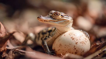 A tiny juvenile crocodile with intricate skin markings curls atop a mottled egg, surrounded by desiccated foliage, its intense amber gaze capturing a moment of peaceの写真素材