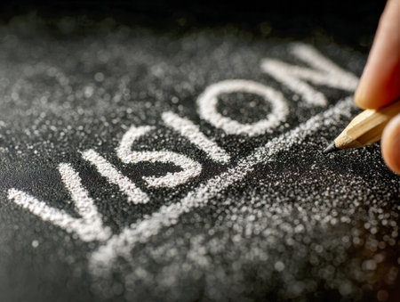 A hand elegantly sketches a dotted underline beneath the vision on a chalkboard, embodying emphasis and clarity for strategic planning and future objectives.の写真素材