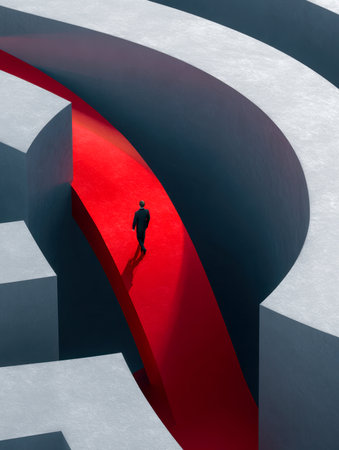 A solitary figure strides along a striking crimson corridor enclosed by sleek, contemporary walls, representing the journey through intricate choices and strategic decisions.の写真素材