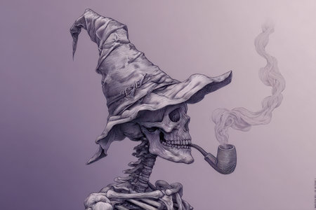 A vivid digital artwork depicting a bone wizard donning a aged, sharply pointed hat, leisurely puffing a winding pipe as tendrils of smoky spirals drift upward, set againの写真素材