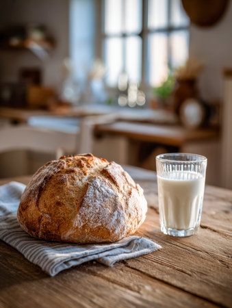 Warm daylight illuminates a charming country kitchen scene featuring a golden, crusty round bread alongside a chilled glass of milk on a rustic wooden table, evokingの写真素材