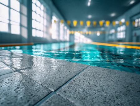 Sunlight floods a sleek, contemporary pool area with sparkling aqua waters, bordered by patterned tiles, accented by cheerful yellow pennants overhead.の写真素材