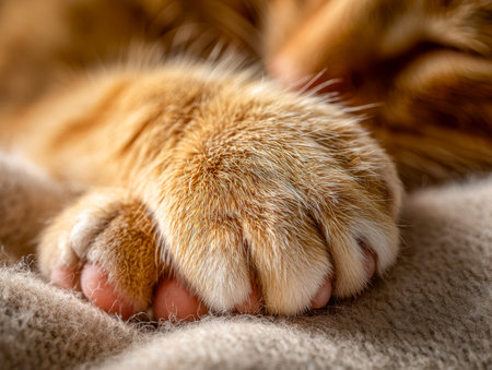 A close-up of an orange-hued feline's paw, softly pressing into cozy knitted yarn, highlighting delicate fur streaks and the warmth of gentle daylight.の写真素材