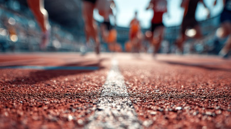 A vivid scene capturing sprinters in full stride on a vibrant red track, with motion blur...