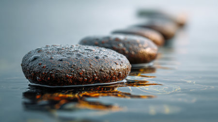 A tranquil scene featuring polished black volcanic rocks gently resting in still water, capturing soft light reflections against a softly blurred natural backdrop.の写真素材