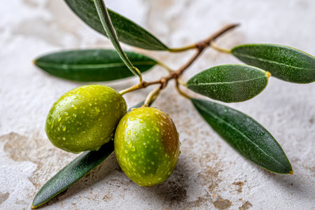 Vibrant green olives glisten with dew, nestled among lush leaves and slender stems, set against a rough stone backdrop that highlights their fresh, natural appeal.の写真素材