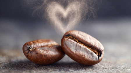 Two aromatic roasted beans sit on a textured surface, with gentle steam ascending in a heart...