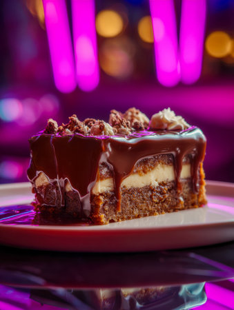 An indulgent, multi-layered chocolate dessert boasts smooth frosting and a glossy chocolate top drizzle, elegant on a white dish against a lively pink and violet bluの写真素材