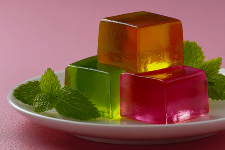 Vibrant gelatine confections in various hues form a playful tower on a pristine white dish, accented by fresh mint and set against a blush delicate backdrop.の写真素材