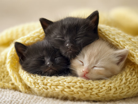 Softly curled up, three tiny felines snooze peacefully amid a bright yellow knit cocoon, radiating comfort, serenity, and pure innocence in a tender moment.の写真素材