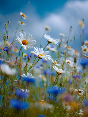 An abundance of delicate white daisies and vivid blue blossoms dance softly in a lush green field, basking beneath a radiant sun on a serene springtime afternoon.の写真素材