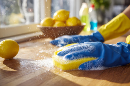 Bright sunlight filters through a window as a pair of gloved hands refresh a rustic wooden surface...
