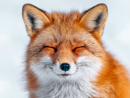 A peaceful red fox with closed eyes, showcasing rich, textured fur in warm hues, set against a pristine snow-white backdrop that highlights its calm, gentle demeanorの写真素材