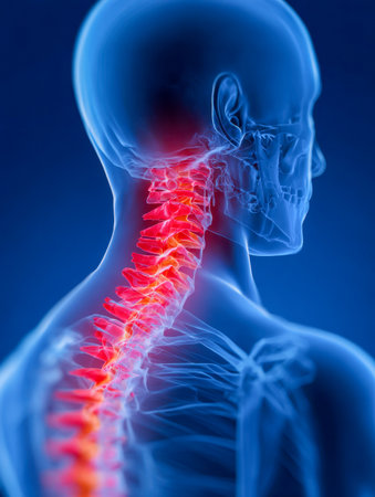A semi-transparent human skeleton reveals the cervical and upper thoracic regions, with red highlights emphasizing areas of discomfort and swelling against a cool blの写真素材