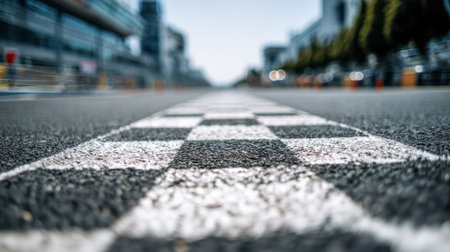 A commanding low-angle shot highlights a pristine racing circuit's finish line, with dynamic depth of field conveying motion, energy, and the thrill of competition.の写真素材