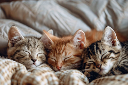 Three adorable cats enjoying a peaceful nap together on soft, cozy bedの写真素材