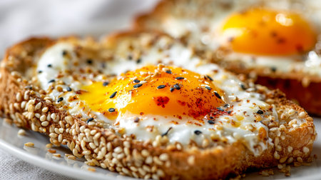 A vibrant breakfast plate featuring golden toasted sesame bread topped with silky eggs, sprinkled with black and white sesame seeds and a hint of red chili powder for flaの写真素材