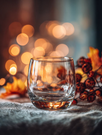 A clear glass rests on plush, textured fabric, surrounded by fall leaves and twinkling lights that cast a soft glow, evoking a warm, celebratory fall ambiance.の写真素材