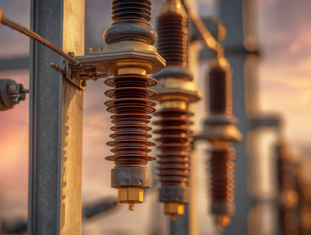 Vibrant sunset light highlights ceramic insulators on a sturdy metal frame, creating a serene contrast against the soft-focus industrial landscape behind.の写真素材