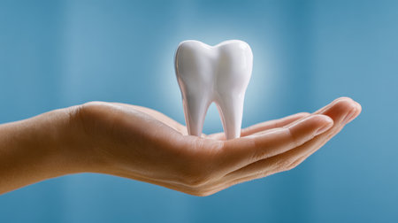 A gentle palm extended outward showcases a gleaming white tooth replica, emphasizing oral health awareness amid a calming, blurred blue backdrop.の写真素材