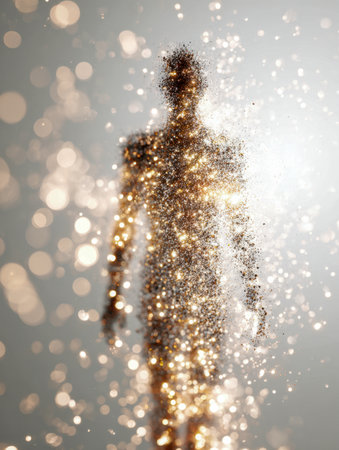 A luminous silhouette crafted from shimmering gold particles, surrounded by soft bokeh lights, evoking themes of innovation, energy flow, and tomorrow?s technology.の写真素材