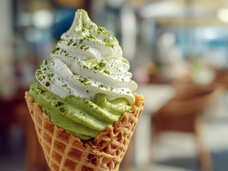 Delight in a creamy swirl of matcha and vanilla soft serve nestled in a crunchy waffle cone, set against a warm, inviting caf? ambiance.の写真素材
