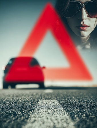 A striking woman with dark sunglasses and bold crimson lips, set against a softly blurred red vehicle and a prominent hazard warning sign, highlighting alertness and safeの写真素材