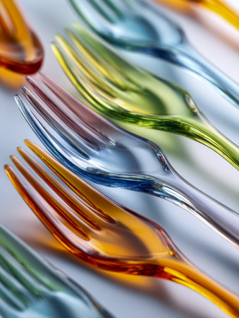Vibrant, see-through forks in an array of lively hues form diagonal patterns, emphasizing their...
