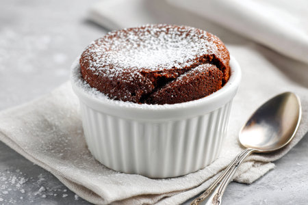 A velvety molten cake dusted with powdered sugar rests in a classic white dish, paired with an antique spoon on a soft linen cloth against a simple backdrop.の写真素材