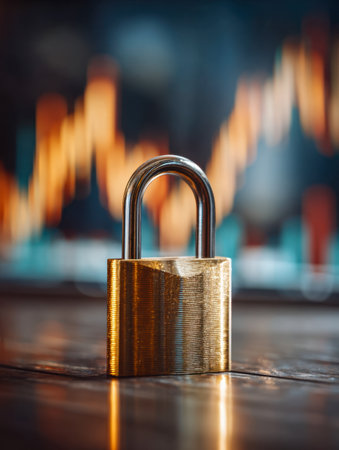 A shiny golden padlock rests on a polished wooden surface, its reflection shimmering softly, with an out-of-focus upward-trending financial chart in the backdrop, evの写真素材