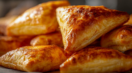 Crispy, layered pastries with a rich golden hue are artfully piled, inviting you to enjoy a warm, flaky treat ideal for any meal or satisfying snack time.の写真素材