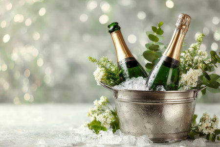 A sophisticated display of sparkling bottles nestled in icy brilliance, enhanced by delicate white blooms and lush foliage, set against a luminous festive backdrop.の写真素材