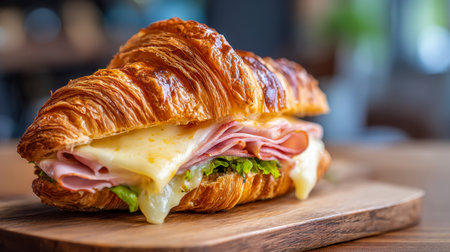 A decadent breakfast delight featuring a flaky pastry filled with warm cheese, tender ham, and fresh greens, elegantly displayed on a rustic wooden platter.の写真素材