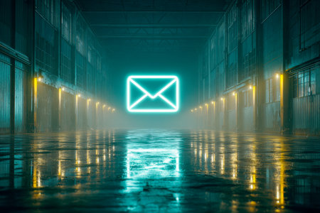 A luminous neon envelope illuminates a mist-covered industrial passage, its glow shimmering on the floor damp, embodying the essence of advanced digital links.の写真素材