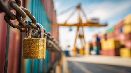 A weathered metal link and gleaming brass lock safeguard stacked shipping crates, with a towering crane and vibrant cargo clusters under bright sunlight.の写真素材