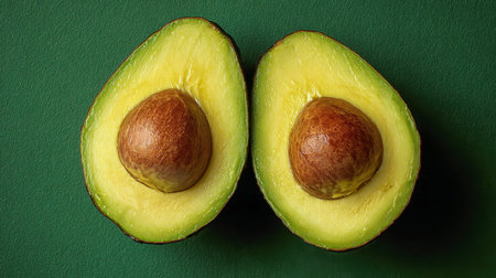 Juicy avocado sections reveal lush, buttery pulp with rich brown pits, set against a textured green...