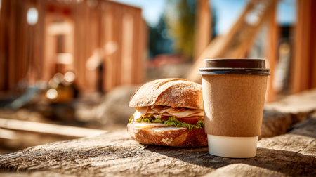A hearty handmade sandwich filled with crisp lettuce and thinly sliced deli meat sits atop an aged wooden table, complemented by a steaming coffee in golden sunlightの写真素材