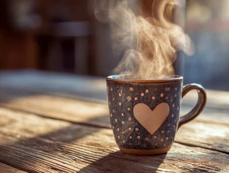 Sunlit indoors, a comforting beverage in a heart-adorned ceramic mug rests on textured wood, evoking warmth and serenity on a peaceful morning.の写真素材