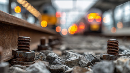 A weathered railway fastening reveals neglect amid soft evening glow, while distant train streaks and a quiet platform evoke urban transit's transient mood.の写真素材